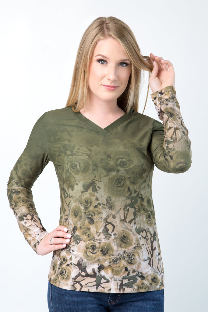 Wild Rose Camo Green UPF50+ V-Neck