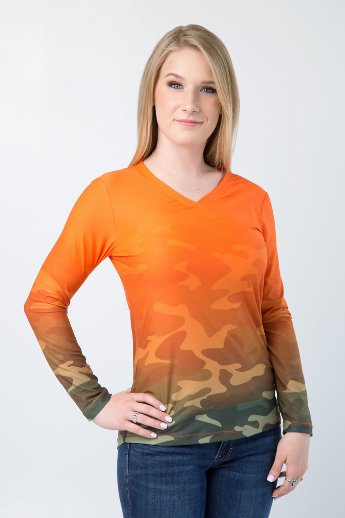 Orange Army Camo UPF50+ V-Neck